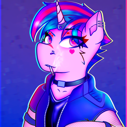 Size: 4096x4096 | Tagged: safe, artist:legionsunite, twilight sparkle, pony, unicorn, g4, alternate hairstyle, choker, cigarette, clothes, cyberpunk, fishnet stockings, horn, horn ring, jacket, neon, nose piercing, nose ring, piercing, punklight sparkle, ring, simple background, solo