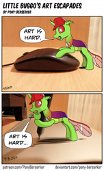 Size: 1280x2102 | Tagged: safe, artist:pony-berserker, oc, oc:berzie, changedling, changeling, pony, comic, computer mouse, drawing tablet, irl, photo, ponies in real life, speech bubble