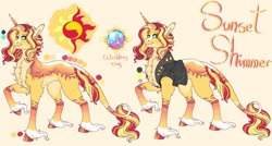 Size: 1280x688 | Tagged: safe, artist:malinraf1615, sunset shimmer, pony, unicorn, g4, alternate hairstyle, chest fluff, clothes, female, jacket, jewelry, leather jacket, leg fluff, leonine tail, mare, markings, obtrusive watermark, raised hoof, redesign, reference sheet, ring, simple background, solo, unshorn fetlocks, watermark, wedding ring, yellow background