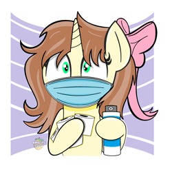 Size: 2784x2814 | Tagged: safe, artist:omgitslynx, oc, oc only, oc:cinnamon stick, pony, unicorn, accessory, bow, coronavirus, covid-19, disinfectant spray, face mask, female, high res, horn, looking at you, mask, toilet paper, unicorn oc