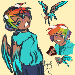 Size: 768x768 | Tagged: safe, artist:coolioodoolioo, rainbow dash, human, g4, dark skin, digital art, humanized, male, redesign, rule 63, simple background, sketch, winged humanization, wings, yellow background