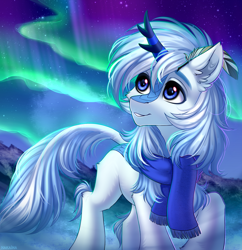 Size: 1920x1980 | Tagged: safe, artist:hakaina, oc, oc only, oc:code quill, kirin, pony, aurora borealis, cheek fluff, clothes, commission, cute, ear fluff, horn, kirin oc, leg fluff, leonine tail, looking away, male, multicolored hair, multicolored mane, multicolored tail, quill, scarf, simple background, smiling, solo, ych result