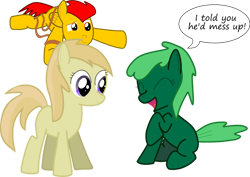Size: 900x636 | Tagged: safe, artist:laberoon, noi, oc, oc:bizzul, oc:spearmint, earth pony, pegasus, pony, g4, .ai available, .svg available, 1000 hours in ms paint, colt, female, filly, funny, giggling, laughing, male, rope, sad, silly, simple background, smiling, stuck, text, transparent background, vector, word bubble, worried