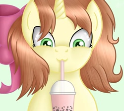 Size: 1559x1397 | Tagged: artist needed, source needed, safe, oc, oc only, oc:cinnamon stick, pony, unicorn, bubble tea, drinking, female, horn, looking down, mare, solo, unicorn oc