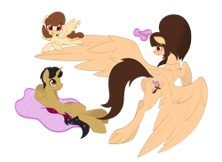 Size: 3000x2184 | Tagged: safe, artist:miniferu, oc, oc only, oc:handy hoofs, oc:shiny smiley, oc:spring beauty, alicorn, pegasus, pony, unicorn, 2021 community collab, derpibooru community collaboration, bust, butt, family, female, filly, flying, foal, high res, magic, male, offspring, parent:oc:handy hoofs, parent:oc:spring beauty, parents:oc x oc, plot, portrait, simple background, spread wings, transparent background, wings