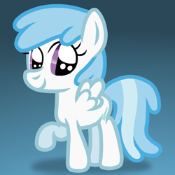 Size: 768x768 | Tagged: safe, artist:apronspawn, cotton cloudy, pegasus, pony, g4, cloud, cottonbetes, cute, cutie mark, female, filly, gradient background, raised hoof, simple background, smiling, solo