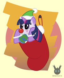 Size: 730x882 | Tagged: safe, artist:wheatley r.h., derpibooru exclusive, oc, oc only, oc:twi clown, pony, unicorn, g4, :3, birthday gift, chewing, christmas, christmas stocking, clown makeup, clown nose, cuffs (clothes), cute, eating, hat, holiday, horn, red nose, santa hat, simple background, solo, unicorn oc, vector, watermark, world
