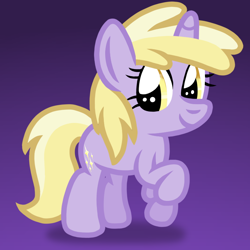 Size: 768x768 | Tagged: safe, artist:apronspawn, dinky hooves, pony, unicorn, g4, cute, cutie mark, dinkabetes, female, filly, hooves, purple background, simple background, smiling, solo, sparkles