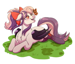 Size: 3500x3000 | Tagged: safe, artist:jack-pie, oc, oc only, oc:sweet velvet, bat pony, butterfly, pony, bat pony oc, bat wings, bow, commission, cute, female, grass, high res, mare, open mouth, signature, simple background, solo, spring, transparent background, wings