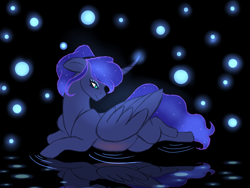 Size: 1400x1050 | Tagged: safe, artist:crystallightfury, princess luna, alicorn, pony, g4, belly blush, female, horn, mare, pregnant, reflection, smiling, solo, wings