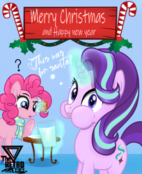 Size: 2150x2632 | Tagged: safe, artist:theretroart88, pinkie pie, starlight glimmer, earth pony, pony, unicorn, g4, christmas, clothes, confused, cookie, eating, female, food, glass, glowing horn, happy new year, high res, holiday, horn, magic, mare, messy eating, milk, plate, question mark, scarf, telekinesis, this will not end well
