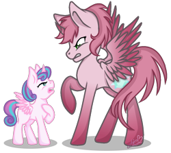 Size: 1170x1043 | Tagged: safe, artist:muhammad yunus, princess flurry heart, alicorn, pony, g4, 2019, aelita schaeffer, angry, base used, code lyoko, concave belly, crossover, duo, female, fight, filly, generation leap, gritted teeth, mare, open mouth, out of character, ponified, simple background, slender, thin, transparent background, unamused, younger