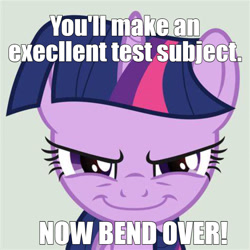 Size: 1032x1034 | Tagged: safe, twilight sparkle, pony, g4, bend over, caption, looking at you, meme, rapeface, smiling, text
