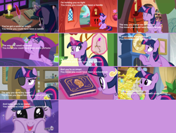 Size: 3856x2920 | Tagged: safe, edit, screencap, twilight sparkle, zecora, alicorn, pony, unicorn, ail-icorn, friendship university, growing up is hard to do, owl's well that ends well, school raze, season 1, season 3, season 4, season 8, season 9, the crystal empire, the last problem, the ticket master, twilight time, spoiler:interseason shorts, spoiler:s08, spoiler:s09, bag, bits, book, broom, candle, clock, clothes, cork, coronation dress, crown, cute, dashface, dilated pupils, disguise, door, dress, drinking, eyepatch, eyepatch (disguise), eyes closed, eyes on the prize, fake cutie mark, feather, female, floppy ears, flower, fortune, gem, giggling, glowing horn, gold, golden oaks library, happy, horn, hub logo, jewelry, library, lyrics, magic, magic aura, mare, messy mane, night, open mouth, paper-thin disguise, potion, quill, regalia, saddle bag, scroll, second coronation dress, sicklight sparkle, smiling, solo, sparkles, squishy, squishy cheeks, swollen horn, telekinesis, text, treasure, twiabetes, twilight sparkle (alicorn), unicorn twilight, wishing flower, writing, written equestrian