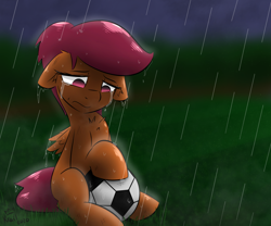 Size: 1200x1000 | Tagged: safe, artist:kingkrail, scootaloo, pegasus, pony, g4, crying, female, filly, football, looking down, rain, sad, sitting, solo, wet, wet mane