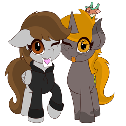 Size: 3000x3000 | Tagged: safe, artist:mrneo, cashmere (tfh), oc, oc only, oc:nuclear fusion, oc:penny page, pegasus, pony, unicorn, 2021 community collab, derpibooru community collaboration, them's fightin' herds, clothes, community related, duo, heart, high res, hoodie, looking at you, minicash, plushie, shipping, simple background, tongue out, transparent background