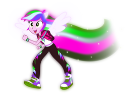 Size: 3218x2498 | Tagged: safe, artist:php178, color edit, derpibooru exclusive, edit, editor:php178, vector edit, oc, oc:chroma zoom, equestria girls, g4, my little pony equestria girls: better together, run to break free, .svg available, colored, converse, geode of reverse dash, glowing, happy, high res, inverted colors, looking up, ponied up, pony ears, rainbow trail, recolor, reverse dash, running, shine, shoes, simple background, singing, smiling, sparkles, speed trail, spread wings, svg, trail, transparent background, vector, wings