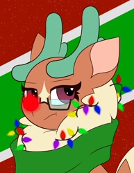 Size: 2470x3192 | Tagged: safe, artist:mrneo, cashmere (tfh), deer, reindeer, them's fightin' herds, cashmere is not amused, christmas, christmas lights, clothes, community related, high res, holiday, red nose, red nosed reindeer, scarf, solo