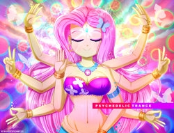 Size: 1860x1420 | Tagged: safe, artist:the-butch-x, fluttershy, equestria girls, g4, accessory, bandeau, bare shoulders, belly button, belly dancer, blushing, bracelet, breasts, busty fluttershy, cleavage, double peace sign, eyes closed, geode of fauna, goddess, hinduism, jewelry, magical geodes, midriff, multiple arms, peace sign, psychedelic, sleeveless, smiling, solo, strapless, third eye, vishnu