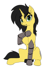 Size: 3307x4677 | Tagged: safe, artist:calena, derpibooru exclusive, oc, oc only, oc:gadget steelmare, cyborg, pony, unicorn, 2021 community collab, derpibooru community collaboration, female, prosthetic limb, prosthetics, simple background, sitting, solo, transparent background