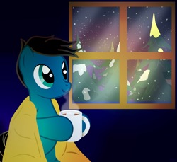 Size: 7200x6600 | Tagged: safe, artist:agkandphotomaker2000, oc, oc:pony video maker, pegasus, pony, blanket, chocolate, food, hot chocolate, marshmallow, night, pine tree, show accurate, snow, snowfall, tree, window, winter