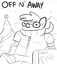 Size: 1440x1598 | Tagged: safe, artist:tjpones, oc, oc only, oc:tjpones, semi-anthro, arm hooves, black and white, christmas, christmas tree, clothes, dexterous hooves, grayscale, holiday, hoof hold, jacket, lineart, luggage, male, monochrome, scarf, simple background, snow, snowfall, solo, stallion, suitcase, tree, walking, white background, winter outfit