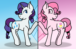 Size: 685x440 | Tagged: safe, artist:muhammad yunus, rarity, oc, oc:annisa trihapsari, earth pony, pony, unicorn, g4, blue background, cutie mark, diamonds, duo, duo female, female, friendship, grin, heart, mare, pink background, simple background, smiling