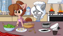 Size: 2048x1155 | Tagged: safe, artist:tjpones, oc, oc only, oc:brownie bun, oc:clair, earth pony, pony, unicorn, apron, blank eyes, burnt, chef's hat, clothes, commission, deviled eggs, duo, egg, female, fire, food, hat, kitchen, mare, pasta, salad, smiling, smoke