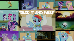 Size: 1970x1107 | Tagged: safe, edit, edited screencap, editor:quoterific, screencap, ahuizotl, daring do, doctor horse, doctor stable, fluttershy, nurse sweetheart, pinkie pie, rainbow dash, rarity, screw loose, twilight sparkle, earth pony, pegasus, pony, unicorn, g4, read it and weep, book, collage, derp, derp face, hurting, nose in the air, open mouth, safari hat, twilight sparkle is not amused, unamused, unicorn twilight, vine