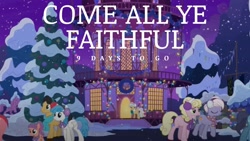 Size: 1920x1080 | Tagged: safe, edit, edited screencap, editor:quoterific, screencap, burning passion, cherry cola, cherry fizzy, lightning bolt, mayor mare, millie, roseluck, strawberry swing, white lightning, windsweep, earth pony, pegasus, pony, g4, my little pony best gift ever, 9, clothes, snow, snowfall, waving, winter, winter outfit