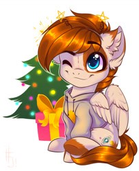 Size: 1200x1479 | Tagged: safe, artist:falafeljake, oc, oc only, pegasus, pony, christmas, christmas tree, clothes, holiday, hoodie, one eye closed, pegasus oc, present, solo, tree