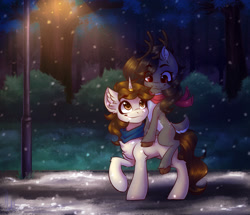 Size: 1394x1200 | Tagged: safe, artist:falafeljake, oc, oc only, oc:gene, oc:metronome circuit, deer, pony, unicorn, chest fluff, clothes, freckles, horn, horn ring, looking at each other, ring, scarf, smiling, snow, snowfall, streetlight