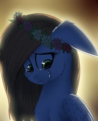 Size: 1000x1230 | Tagged: safe, artist:darky_wings, oc, oc only, oc:katoka, pegasus, pony, crying, floral head wreath, flower, looking down, present, sad, solo