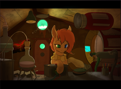Size: 2343x1731 | Tagged: safe, artist:leesys, oc, oc only, oc:rusty gears, earth pony, pony, chemicals, female, heterochromia, indoors, laboratory, mare, room, smiling, solo, space helmet