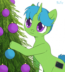 Size: 700x770 | Tagged: safe, artist:betry, oc, oc only, oc:green byte, pony, unicorn, christmas, christmas ornament, christmas tree, commission, decoration, holiday, male, signature, simple background, solo, stallion, tree, ych result
