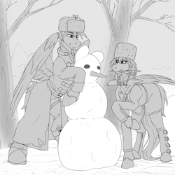 Size: 2000x2000 | Tagged: safe, artist:twotail813, oc, oc only, oc:gear, oc:twotail, pegasus, pony, black and white, clothes, coat, female, grayscale, hat, high res, male, monochrome, pegasus oc, snow, snowman, wings, winter
