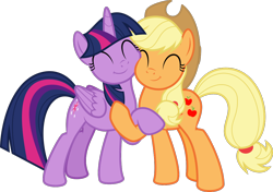 Size: 1143x804 | Tagged: safe, artist:sollace, derpibooru exclusive, applejack, twilight sparkle, alicorn, earth pony, pony, g4, harvesting memories, spoiler:harvesting memories, .svg available, :t, ^^, applejack's hat, cowboy hat, cute, duo, duo female, eyes closed, female, folded wings, hat, hooves, horn, hug, jackabetes, mare, multicolored mane, multicolored tail, show accurate, simple background, smiling, standing, svg, tail, transparent background, twiabetes, twilight sparkle (alicorn), vector, wings