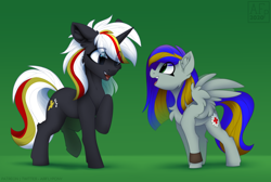 Size: 2500x1684 | Tagged: safe, artist:airfly-pony, oc, oc only, oc:eagle fly, oc:velvet remedy, pegasus, pony, unicorn, fallout equestria, fallout equestria: project horizons, eye clipping through hair, fanfic art, female, looking at each other, mare, open mouth, patreon, patreon reward, raised hoof, raised leg, smiling, spread wings, standing, wings