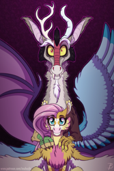 Size: 1181x1772 | Tagged: safe, artist:inuhoshi-to-darkpen, discord, fluttershy, draconequus, earth pony, pegasus, pony, g4, chest fluff, looking at you, male, redesign, wing fluff