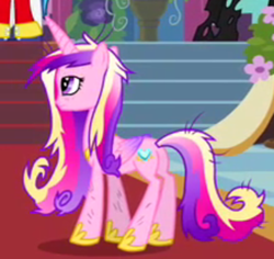 Size: 400x378 | Tagged: safe, screencap, princess cadance, queen chrysalis, shining armor, alicorn, changeling, changeling queen, pony, unicorn, a canterlot wedding, g4, butt, cadance is not amused, cropped, female, lidded eyes, lovebutt, mare, messy mane, plot, scratches, solo focus, unamused