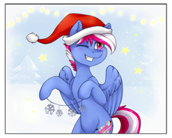 Size: 1841x1483 | Tagged: safe, artist:haruhi-il, oc, oc only, oc:steam loco, pegasus, pony, christmas, commission, cute, hat, hearth's warming eve, holiday, male, pegasus oc, santa hat, smiling, snow, solo, spread wings, standing, wings, ych result