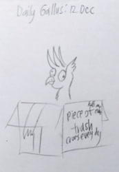 Size: 1280x1851 | Tagged: safe, artist:horsesplease, gallus, griffon, g4, box, derp, doodle, gallus the rooster, gallusposting, griffon in a box, solo, traditional art