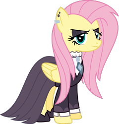 Size: 1829x1905 | Tagged: safe, artist:sketchmcreations, fluttershy, pegasus, pony, fake it 'til you make it, g4, alternate hairstyle, clothes, ear piercing, eyeshadow, female, fluttergoth, frown, goth, jewelry, makeup, mare, necklace, piercing, ruffled shirt, shoes, simple background, skirt, solo, transparent background, vector