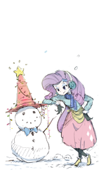 Size: 1080x1920 | Tagged: safe, alternate version, artist:fuyugi, rarity, equestria girls, g4, bowtie, christmas, christmas lights, clothes, earmuffs, holiday, leaning, scarf, simple background, snow, snowfall, snowman, solo, sweater, traffic cone, white background, winter outfit
