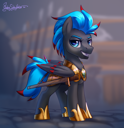 Size: 1940x2000 | Tagged: safe, artist:jedayskayvoker, oc, oc only, oc:okami wolf, pegasus, pony, armor, male, pegasus oc, royal guard, stallion, sword, teeth, weapon, wings