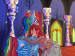 Size: 3739x2803 | Tagged: safe, artist:peachez, rainbow dash, oc, oc:becky, human, pegasus, fanfic:crossing the trixie bridge, g4, fanfic art, high res, hug, hugging a pony, story included, twilight's castle