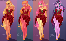 Size: 3708x2346 | Tagged: safe, artist:xjenn9, applejack, big macintosh, fluttershy, starlight glimmer, earth pony, anthro, g4, clothes, dress, female, high res, macareina, rule 63