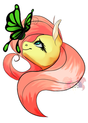 Size: 500x700 | Tagged: safe, artist:drazosartden, fluttershy, butterfly, pony, g4, bust, cute, female, looking at something, looking up, mare, portrait, profile, shyabetes, simple background, smiling, transparent background