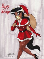 Size: 1979x2629 | Tagged: safe, artist:newyorkx3, oc, oc only, oc:crystal, anthro, plantigrade anthro, christmas, clothes, costume, evening gloves, female, gloves, hat, high heels, holiday, legs, long gloves, looking at you, mare, santa costume, santa hat, shoes, solo