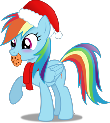 Size: 3257x3641 | Tagged: safe, artist:anime-equestria, rainbow dash, pegasus, pony, g4, blushing, christmas, clothes, cookie, cute, daaaaaaaaaaaw, dashabetes, female, food, happy, hat, high res, hnnng, holiday, mare, mouth hold, raised hoof, santa hat, scarf, simple background, smiling, solo, transparent background, vector, weapons-grade cute, wings